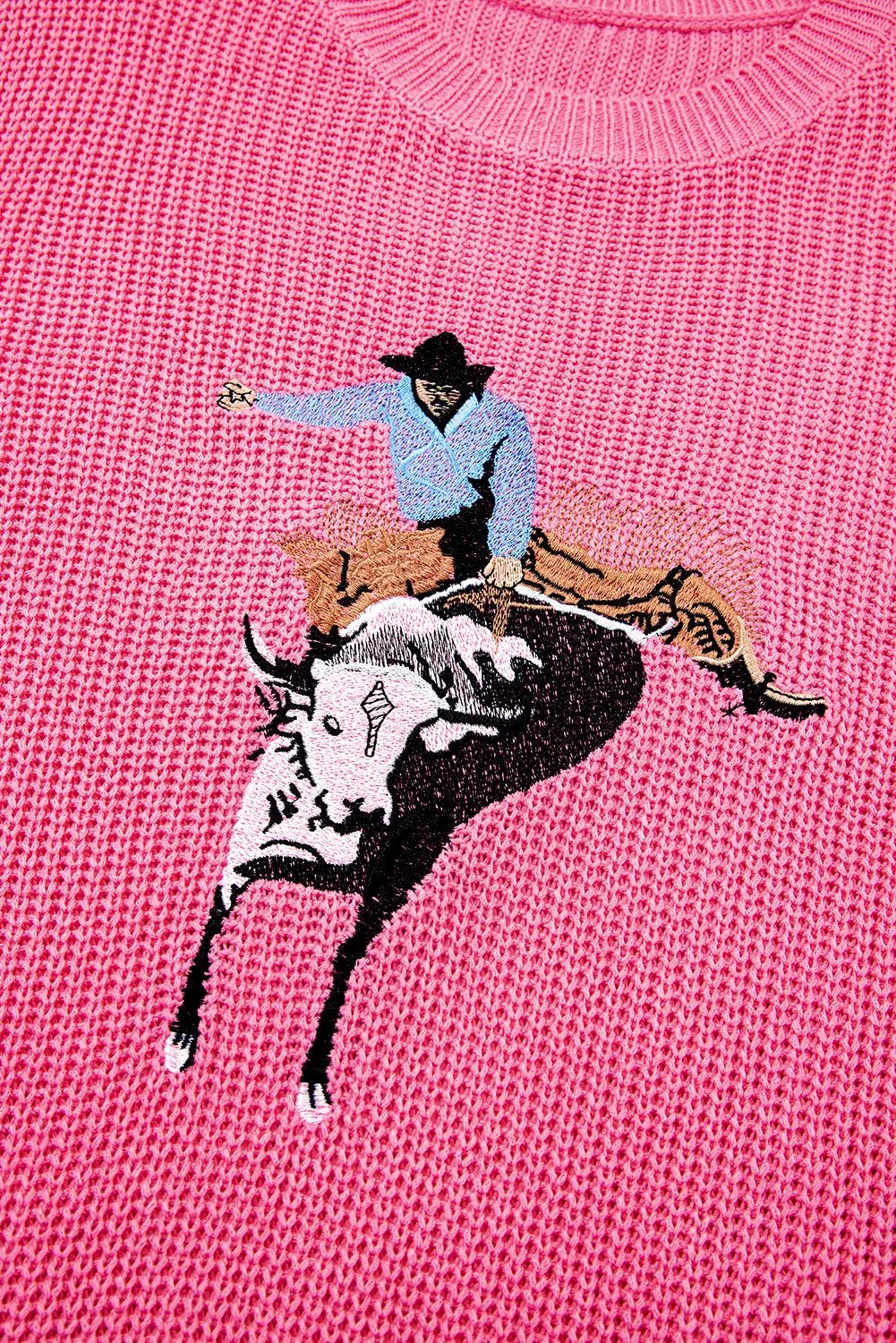 Bright Pink Western Cowboy Embroidery Sleeveless Sweater - Love Salve